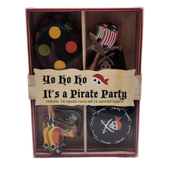 MERI MERI Pirate Party CUPCAKE KIT RED BLACK (24) cupcake cases and toppers NIP - Picture 1 of 3